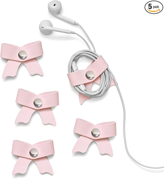 SenseAGE 5 Pack Cord Organizer, Bow Cord Keeper, Cable Organizer USB Holder, Leather Cable Management, Cable Straps, Earphone Winder, Storage Straps for Electronics, Earbuds, Small, Pink