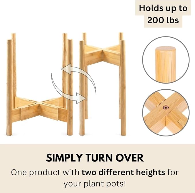 Fox & Fern Adjustable Tall Plant Stand Indoor — 8 to 12 Inch Mid Century Bamboo Plant Stand with Adjustable Width - Plug In Design - Easy to Assemble - Two Heights - For 8, 9, 10, 11 & 12 In Pots