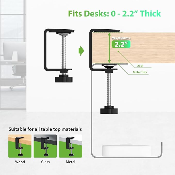 KEEGH 16" Under Desk Cable Management Tray, 2 Pack Desk Cord Organizer Upgrade Capacity, Drill Free Clamp/Screw Mount, Sturdy Metal Tray for Connect Cables, Home, Office, Black