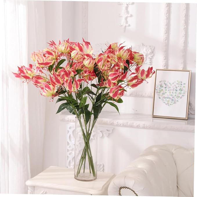 Simulated Lily Flower Artificial Bouquet Red Faux Flower Decorative Arrangement for Home Office Wedding Party Props and Vibrant Festival Decor