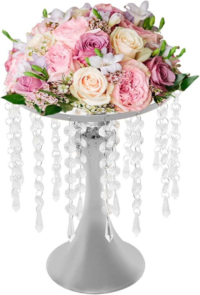 10 Pcs Glam Crystal Flower Stands, Wedding Reception Decorations with Sparkling Crystal Beads Table Center Display Flower Arrangement Flower Stand Metal Vase for Event Decor (Silver, Height:10.23in)