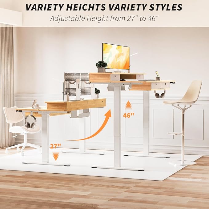 Kingant Standing Desk with Fast Charging USB Ports, 48" x 30" Height Adjustable Home Office & Gaming Desk, Sit Stand Desk with Built-in Storage Shelf, Hook & Ergonomic Design(Maple)