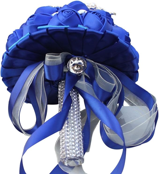 S_SSOY Customizable Romantic Wedding Bouquets Silk Flowers Bridal Holding Roses Bride Bridesmaid Brooch Bouquet with Pearl Diamond Crystal Ribbon Valentine's Day with Free Corsage (Blue)