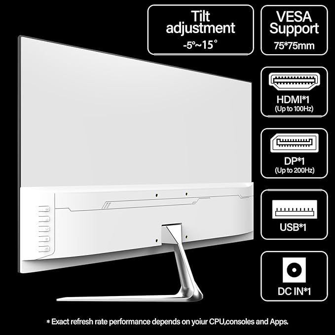 Gawfolk Gaming Monitor 24.5 Inch 200Hz Built-in Speakers, 180hz PC Monitor FHD 1080P Frameless Computer Monitors, VA,sRGB 100%, DisplayPort, HDMI, Eye Care, Wall Mount Compatible (White)