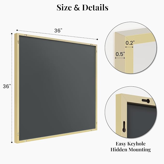 36"x36" Square Gold Bathroom Mirror, Shatterproof Tempered Glass, Brass Tone Large Geometric Mirror, Ultra-Flush Wall-Mounted