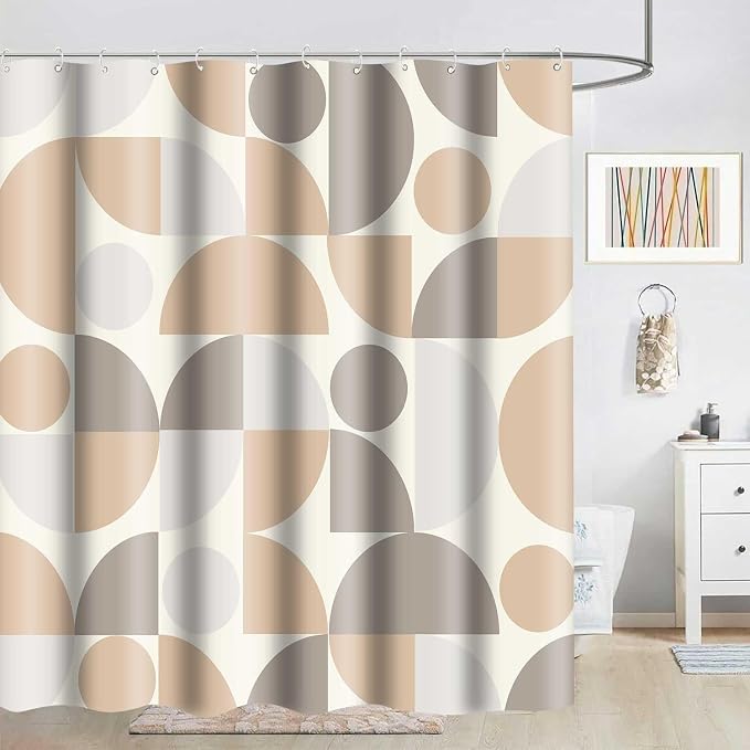 Vintage Beige and Grey Mid Century Modern Shower Curtain Boho Abstract Geometric Art Shower Curtains for Bathroom Decor 72x72 Inch Colorful Unique Pattern Washable Fabric Bathroom Set with 12 Hooks