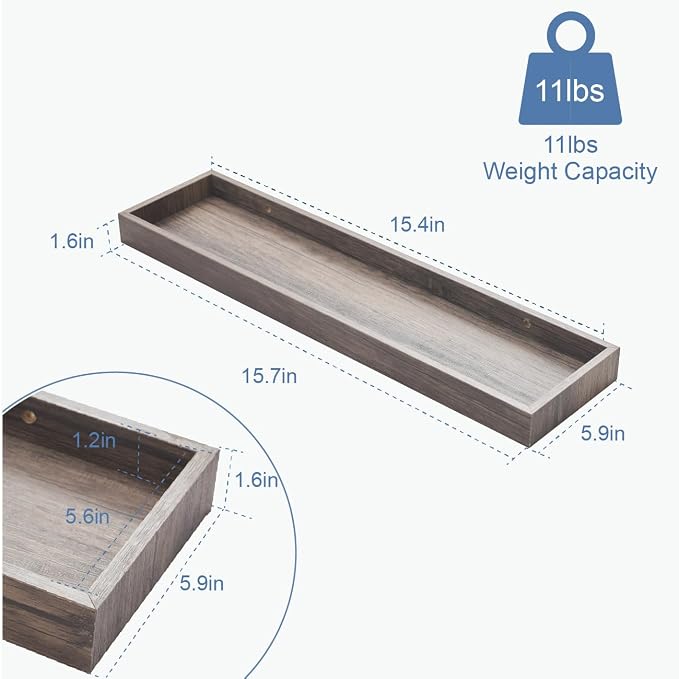 2 Pack 15.7 in Smoke Gray Floating Shelves for Wall, Wooden Wall Shelves for Bedroom Living Room Kitchen, Modern and Rustic Bathroom Shelves with Raised Lip, Floating Shelf for Storage Display