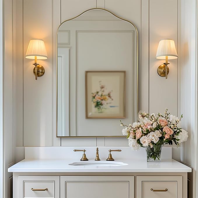 ANDY STAR Brass Scalloped Arched Wall Mirror, 20x30 Brushed Gold Irregular Bathroom Mirror with Curved Design for Vanity, Powder Room, Fireplace, Mantel, Stainless Steel Frame, Rustproof