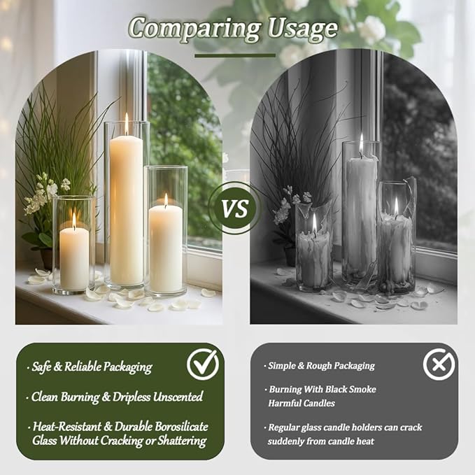 24 PCS White Pillar Candles (2''X3,4,6) and Glass Cylinder Vases(2.6''X5,6,8),Hurricane Candles,Perfectly Sized for use as a Centerpiece Candle Decoration on Wedding Tables!