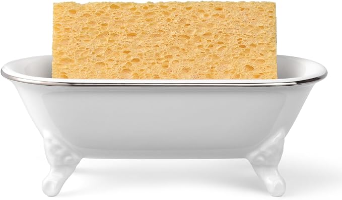 6.5" Ceramic Mini Decorative Clawfoot Bathtub Bar Soap Dish, Kitchen Sponge Holder and Shower Tray for Bathroom, 1 Pack (White Silver Rim)