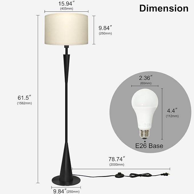 Floor Lamps for Living Room,61.5" Wood Floor Lamp,Retro Farmhouse Standing Lamp Includes 9W Bulb with 3-Color Temperature,Tall Lamp for Bedroom,Dining Room,Living Room,Corner,Black