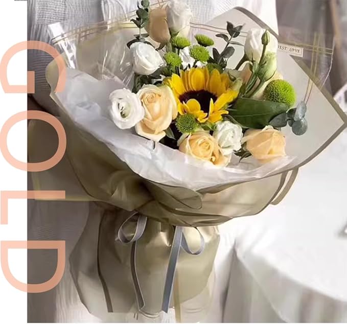 BBJ WRAPS White Wrapping Paper for Flowers, Frosted Flower Bouquet Wrapping Paper, Korean Paper for Bouquets, Valentine's Day Mother's Day Florist Supplies 20 Sheets (Gold)