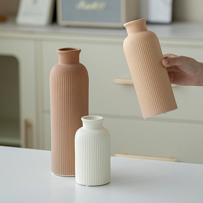 Modern Ceramic Vase Set, Earth Tone Natural Color Ribbed Matte Design, 3-Piece Decorative Vases for Home, Living Room, Office (Coffee Mix)