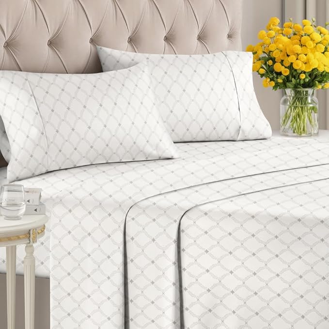 Floral Sheets - Neutral Floral Bed Sheet Set - 1 Flat & 1 Fitted & 2 Pillowcases w/ Deep Pockets - Comfy, Wrinkle & Fade Free Boho Botanical Bedding - Ultra-Soft, Breathable & Cooling - King Size
