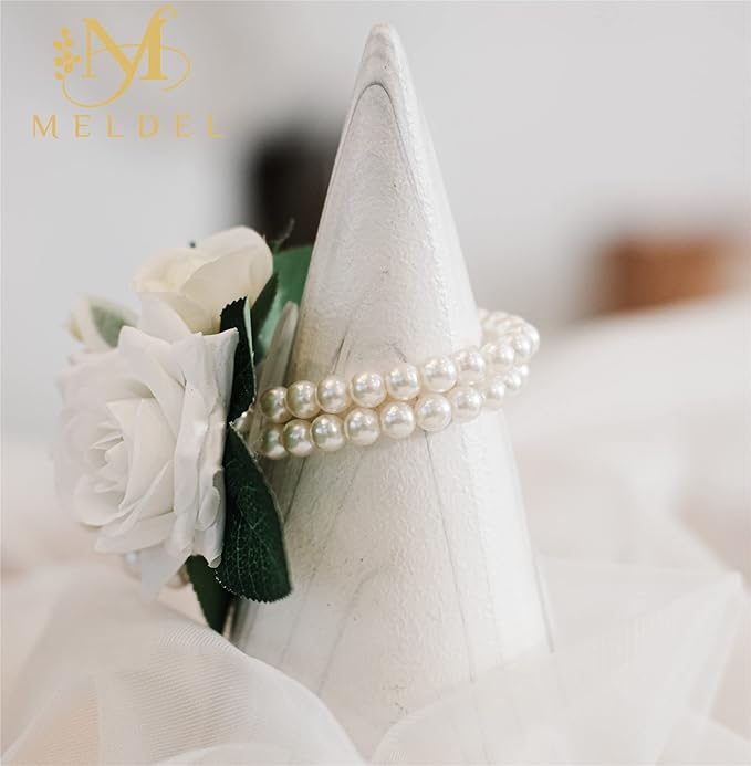 Meldel White Corsage and Boutonniere Set,Set of 2,Rose Wrist Corsage Wristlet Bracelet for Bride Bridesmaid Girls,Boutonniere for Men,Groomsmen and Groom Boutonniere for Wedding,Prom,Homecoming,Party