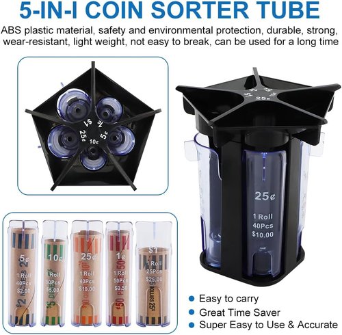 Coin Counter Sorter - 5-in-1 Change Sorting Machine with Coin Wrappers for Quick & Accurate Sorting