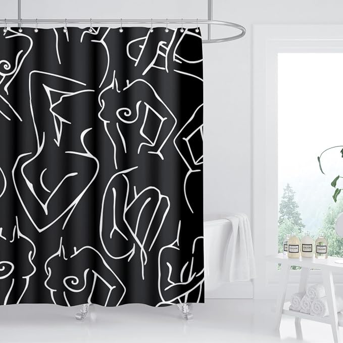 Black White Shower Curtain Abstract Woman Naked Nude Line Minimalist Sexy Girls Modern Art Decor Aesthetic Fabric for Home Bathroom Waterproof Fabric 72Lx60W Inch with Plastic 12PCS Hooks