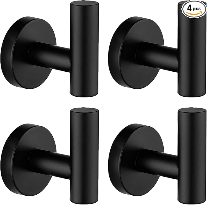 Nolimas Towel Coat Hook Matte Black, SUS304 Stainless Steel Bathroom Clothes Cabinet Closet Sponges Robe Hook Wall Mounted Round Kitchen Heavy Duty Door Hanger 4 Packs