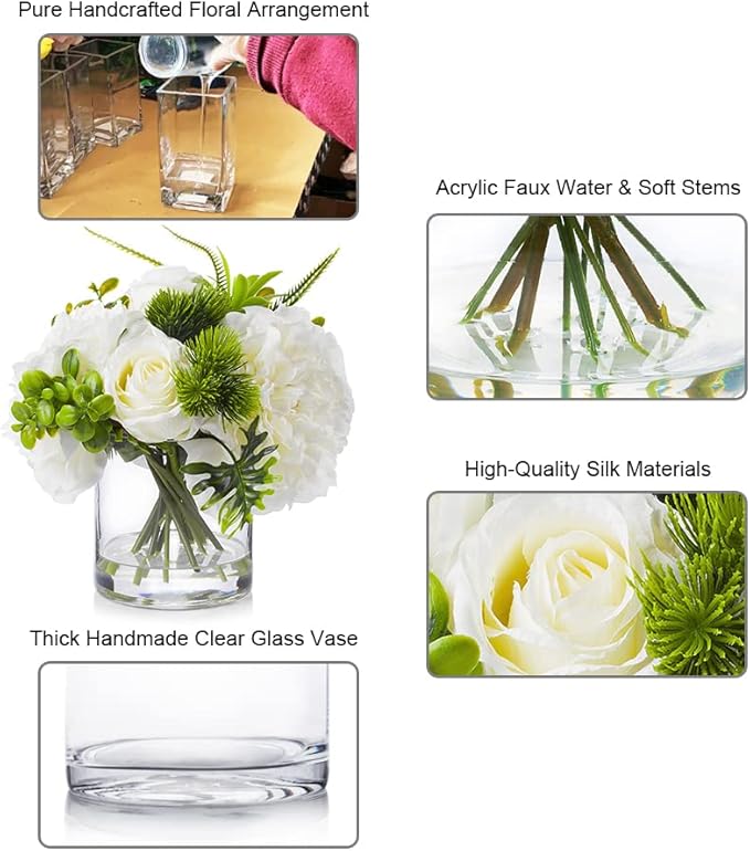 ENOVA FLORAL Artificial Rose Flowers in Vase, Mixed Fake White Rose and Silk Peonies in Vase with Faux Water for Dining Table Centerpieces, Home Decor Indoor