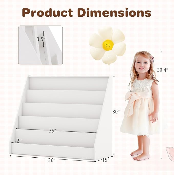 KOTEK 5-Tier Kids Bookshelf, Wooden Floor Display Shelf for Books and Magazines, Toddler Bookcase, Montessori Book Shelf for Kids Room, Daycare, Preschool, Classroom (White)