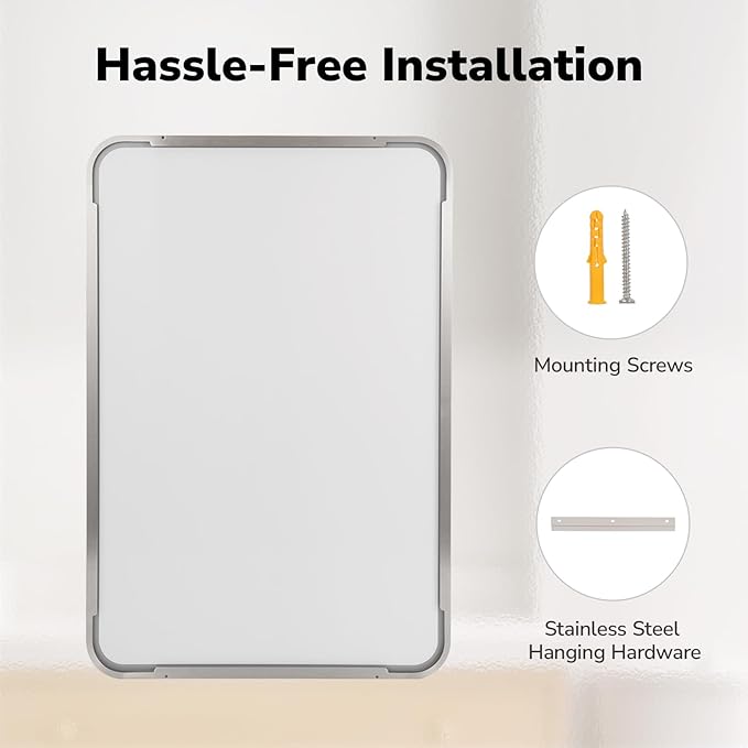 USHOWER Brushed Nickel Bathroom Mirror 22"x30", Silver Rectangle Mirror for Over Sink, Rounded Corner, Aluminum Frame, Anti-Rust, Tempered Glass, Horizontal or Vertical Mounted