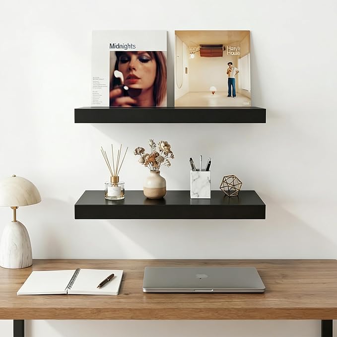 17.5in Floating Shelves for Wall, Wall Mounted Shelves for Decor Storage Set of 2, Floating Shelf for Bedroom, Bathroom, Living Room and Kitchen（Black）