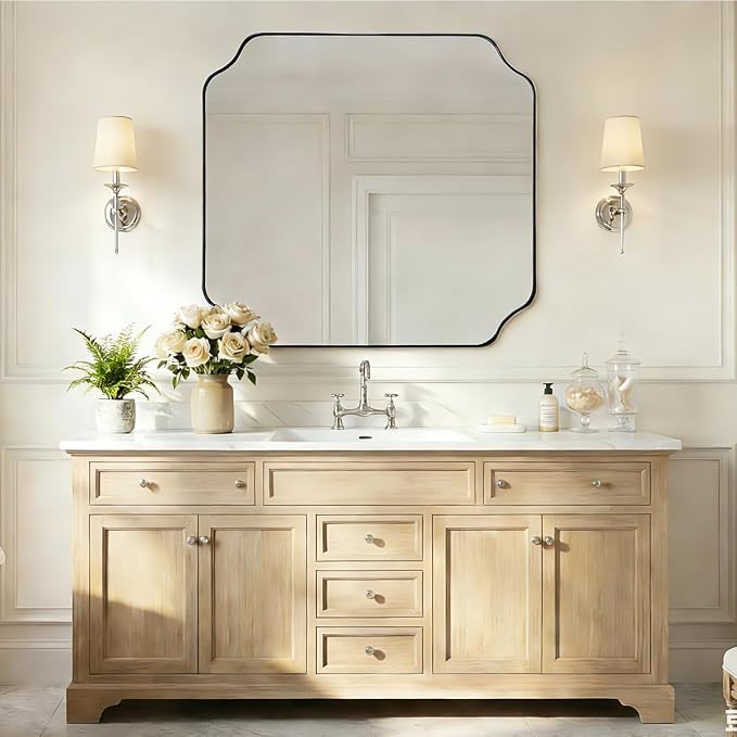 ANDY STAR 36x40 Inch Chrome Bathroom Mirror, Large Scalloped Mirror for Wall, Modern Polished Nickel Mirror in Anti-Rust Stainless Steel Meral Thin Frame, Ideal for Bathroom Remodel