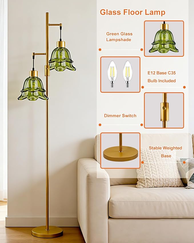 Lightdot 65IN Gold Flower Floor Lamp for Living Room, 2- Light Dimmable Floor Lamps with Green Glass Lampshade, 3000K Warm White Modern Standing Tall Lamp with 5Lbs Heavy Base for Bedroom Sofa Beside