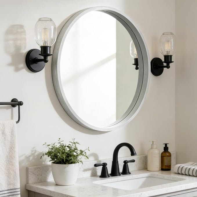 WallBeyond 28 Inch Round Wood Mirror, Large Circle Wooden Frame Wall Mirror for Bathroom, Living Room, Bedroom, Entryway (White)