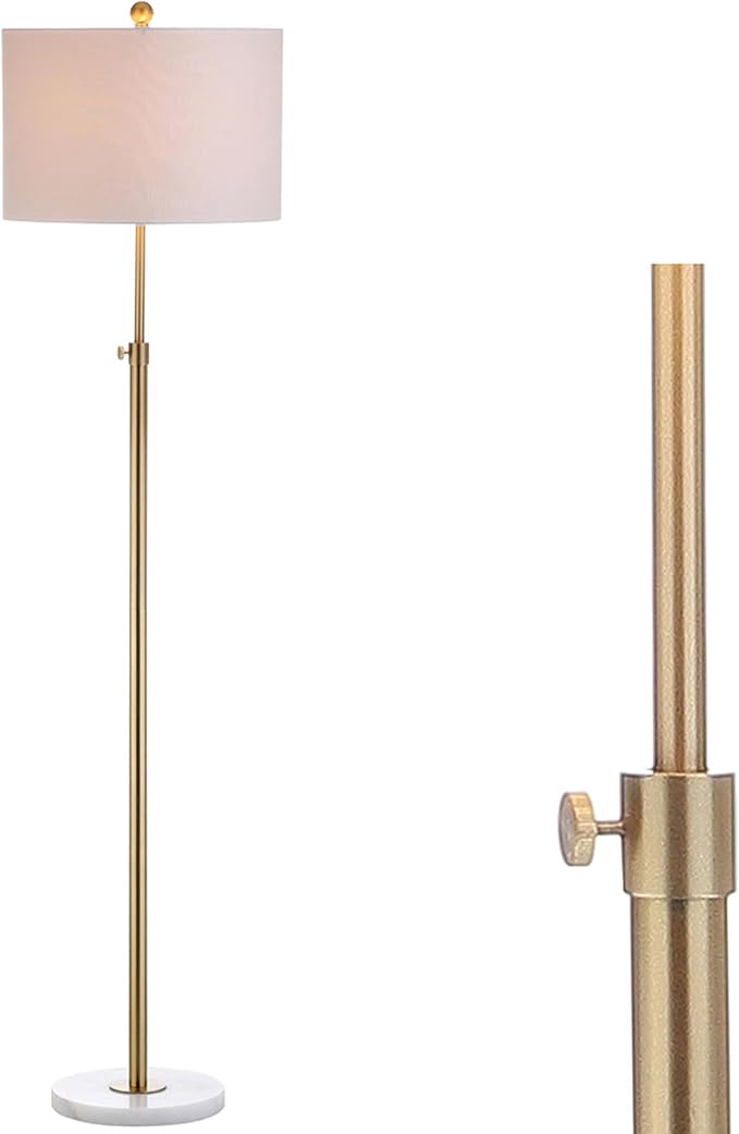 JONATHAN Y 65" Brass Gold and White Marble Adjustable LED Floor Lamp, Modern Glam Standing Light for Living Room Bedroom, White Linen Shade, Bulb Included JYL3022A