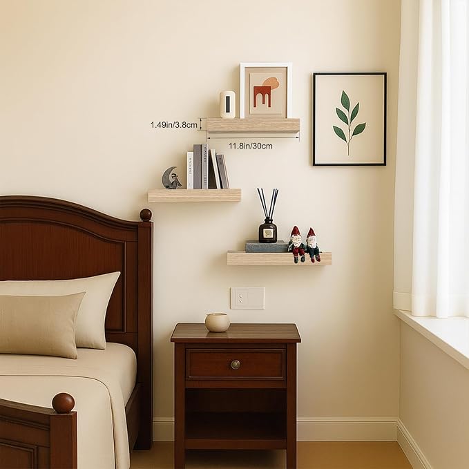 Floating Shelves, Oak Wooden Set of 3 Wall Mounted Bathroom Shelves Over Toilet, Modern Small Hanging Shelves for Bedroom Living Room Kitchen Farmhouse Home Decor, 12" x 7" x 1.5"