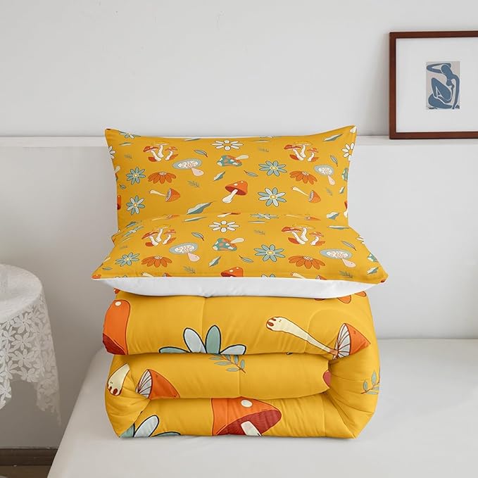 Castle Fairy Retro Hippie Mushroom Bedding Comforters King Size,Groovy Flowers Floral Duvet Set for Bedroom Decor,Yellow Boho Trippy Durable Comforter Set with 2 Pillowcases