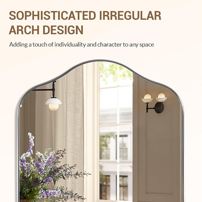 ANDY STAR Scalloped Arched Mirror, 26x38 Brushed Nickel Irregular Bathroom Mirror for Vanity, Asymmetrical Curved, Silver Rustproof Stainless Steel Frame, for Over Sink, Bedroom, Mantel, Fireplace