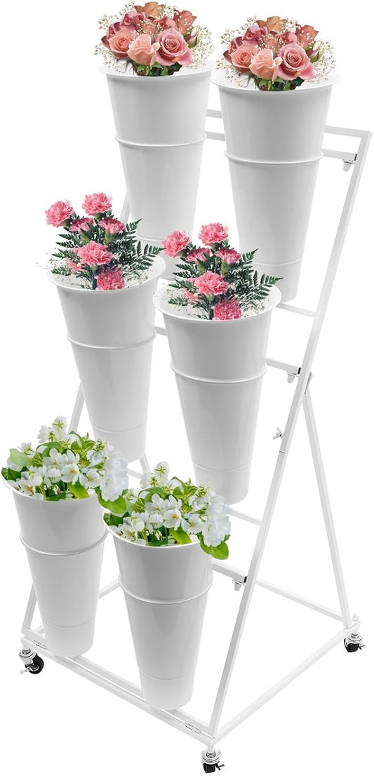 Flower Display Stand with 6 Buckets, 3 Layer Metal Plant Stand Indoor with Wheels, Heavy Duty Moving Flower Cart Flower Rack for Outdoor Patio, Garden, Florist