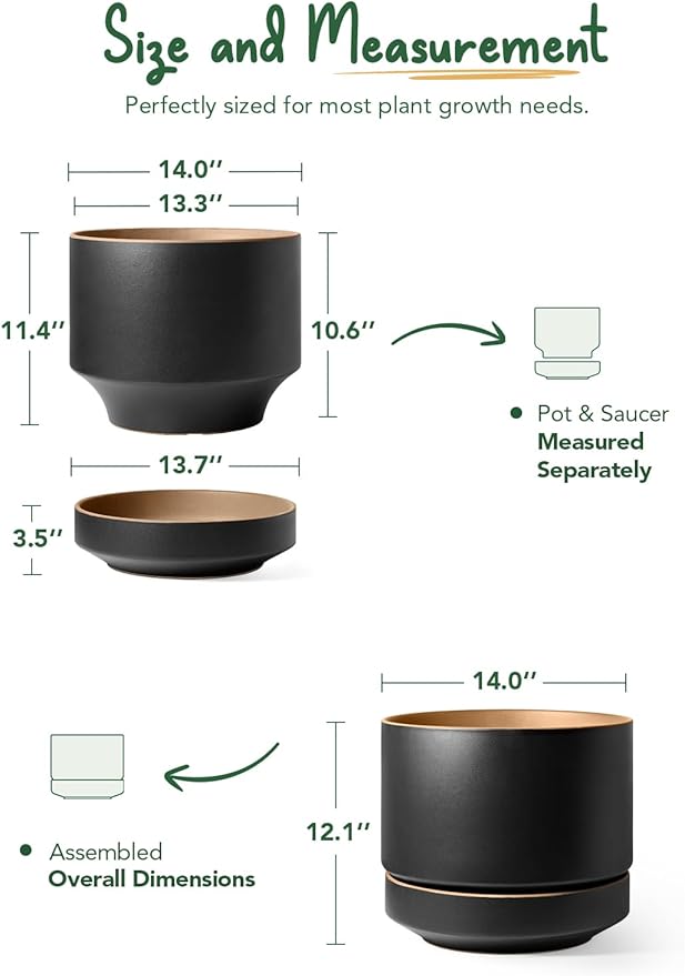 LE TAUCI 14 Inch Large Plant Pot with Saucer, Ceramic Outdoor & Indoor Big Planter with Drainage Hole, Mesh Pad & Plug Included, Matte Glazed Outside, Modern for Home and Patio, Obsidian Black & Ochre