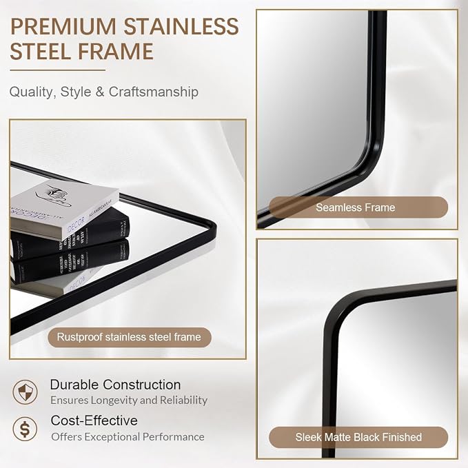 ANDY STAR 24x32 INCH Black Bathroom Mirror, Black Bathroom Vanity Mirrors for Wall, Rounded Rectangle Mirror for Bathroom, Tube Metal Frame, 1’’ Deep Wall Mounted Vertical/Horizontal