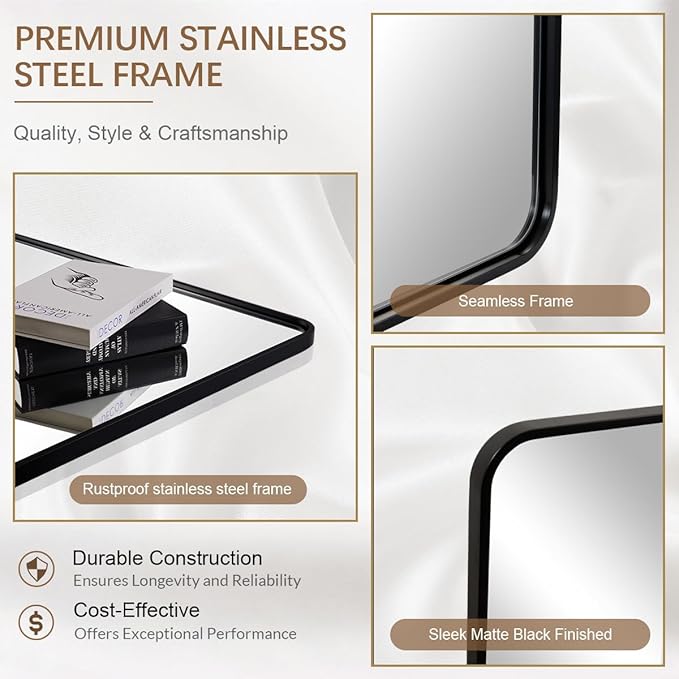 ANDY STAR 24x36‘’ Black Bathroom Mirror Over Sinks, Rounded Rectangle Mirrors for Bathroom Vanity Tube Metal Framed Wall-Mounted Vertical/Horizontal for Home Remodel