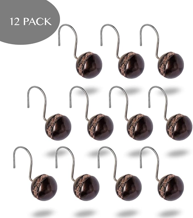 Creative Scents Dublin Brown Shower Curtain Hooks Decorative - Set of 12 Shower Hooks for Shower Curtain - Durable Shower Rings for Bathroom Curtain