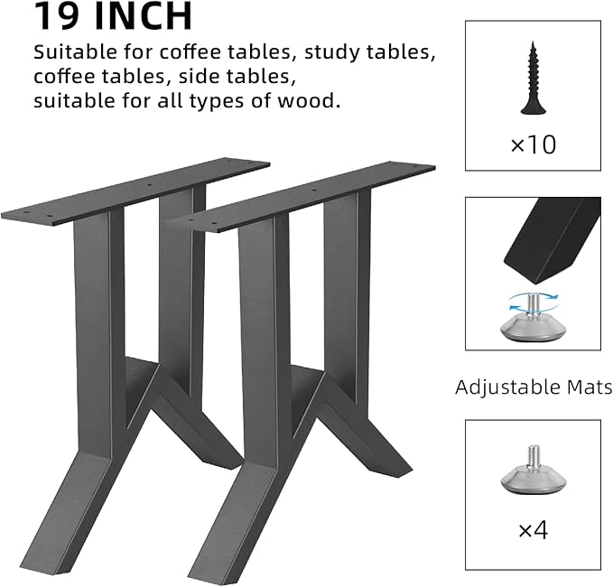 19 Inch Metal Table Legs, Heavy Duty Industrial Metal Coffee Table Desk Legs Set of 2 Mid Century Home DIY Projects Furniture Feets with Adjustment Feet Pads(Bear Up to 800lb)