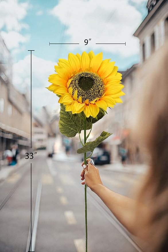 Large Sunflowers Artificial Flowers 9" Full Bloom Long Stem Artificial Sunflower 33" Tall Sun Flowers Giant Silk Sunflowers with Stem Fake Sunflower Floral Arrangement for Home Wedding Decoration