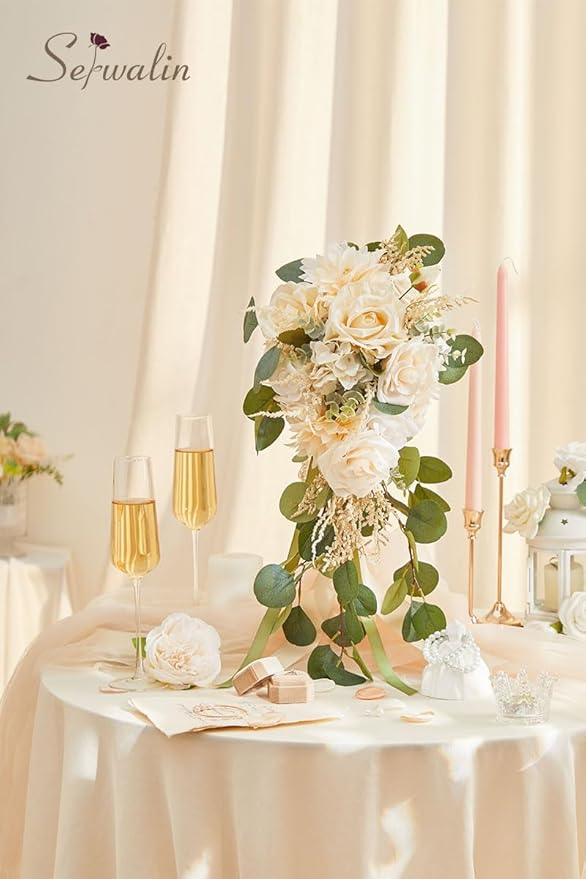 Serwalin 9.8in Wedding Bouquets for Bride, Boho Champagne Roses & Dahlia Flowers for Wedding Decoration