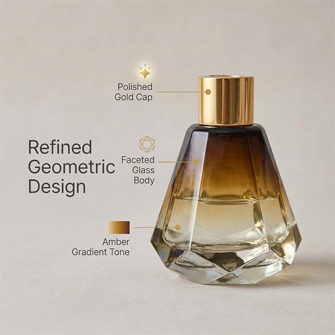 2Pcs 60ml/2oz Empty Refillable Amber Diamond Shape Glass Diffuser Bottle with Gold Lid Essential Incense Oil Diffuser Jars Fragrance Scent Diffuser for Home Office Shelf Decor (Exclude Sticks)