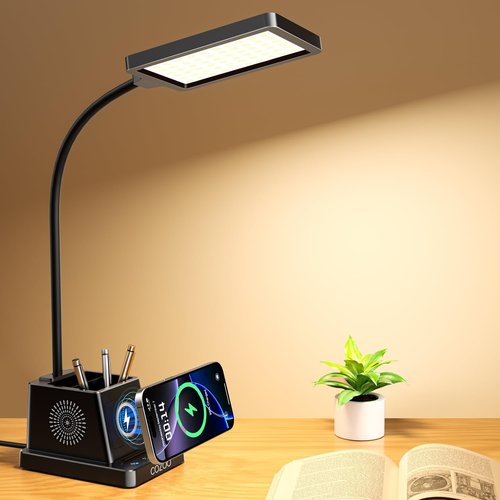 Cozoo LED Desk Lamp - 15W Bright Light with Wireless Charger & Pen Holder | Gooseneck Design for Home Office & Study