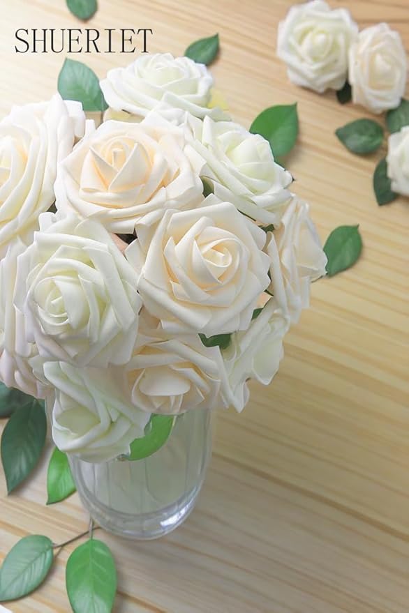 Ivory White Artificial Roses 25pcs, Real Looking Fake Foam Flowers with Stems for DIY Wedding Bridal Bouquets, Centerpieces, Party, Baby Shower, Christmas Decor