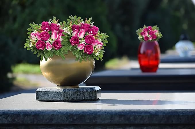 Hollyone Set of 2 Artificial Cemetery Flower for Graves Red Rose Cemetery Memorial Flowers for Outdoor Grave Decorations Silk Flower Arrangements Floral Flowers Bouquets
