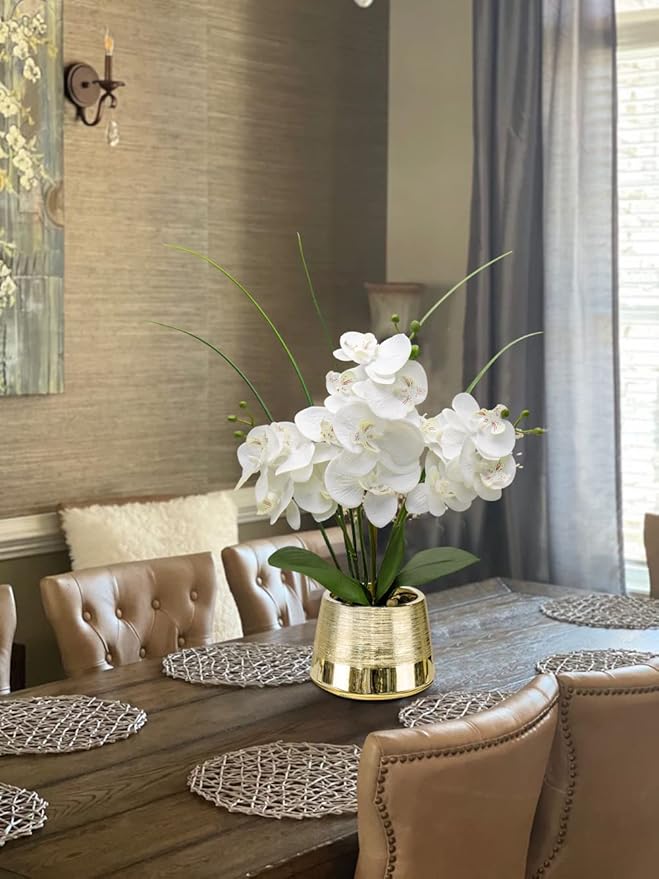 Oairse Artificial White Phalaenopsis Orchid Flower Arrangements Faux Orchid Flower in Gold Pot Orchid Centerpiece for Dining Room Table