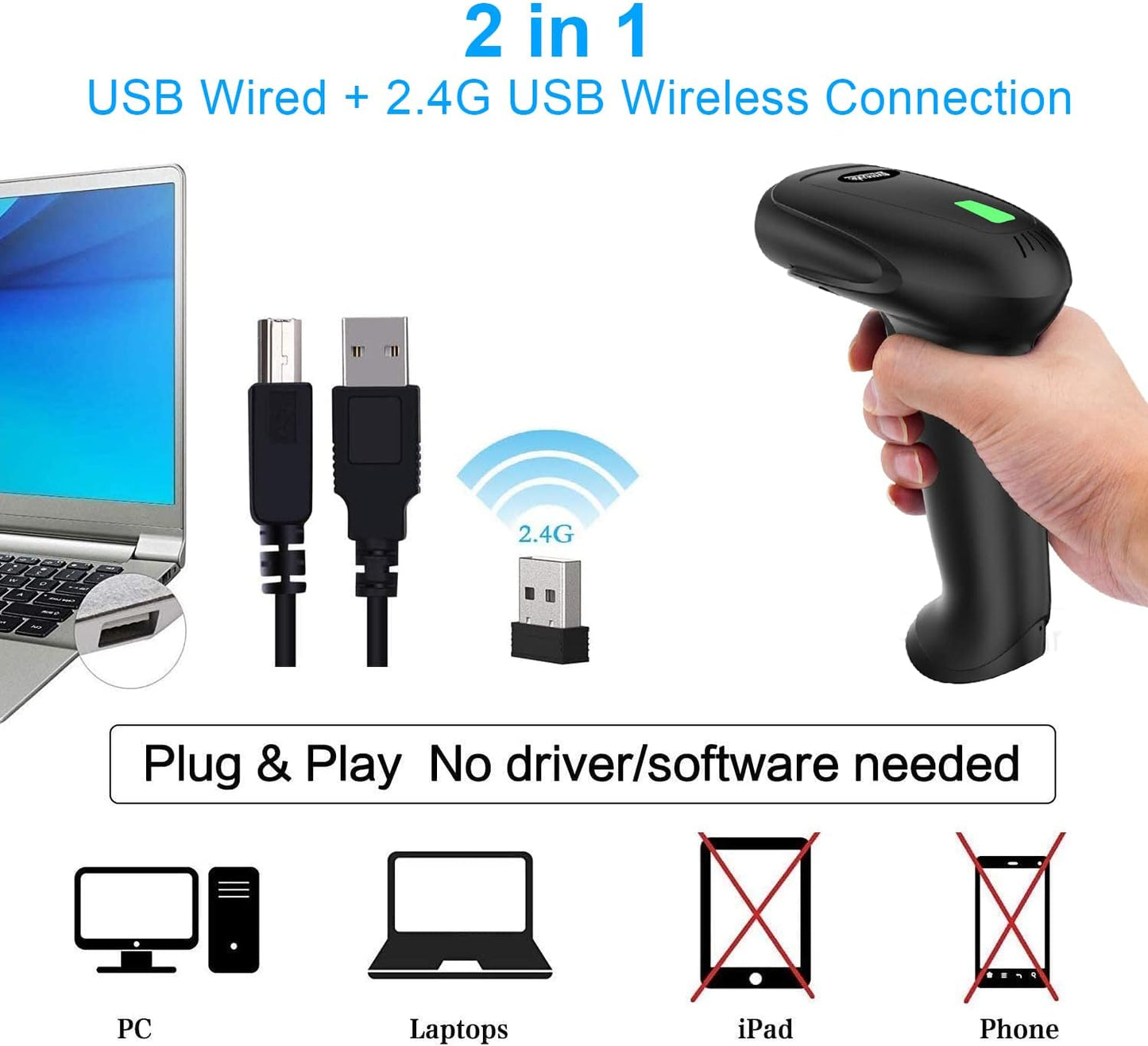 Skiennix USB Wireless Barcode Scanner - Ergonomic Design with Stand for Easy Scanning
