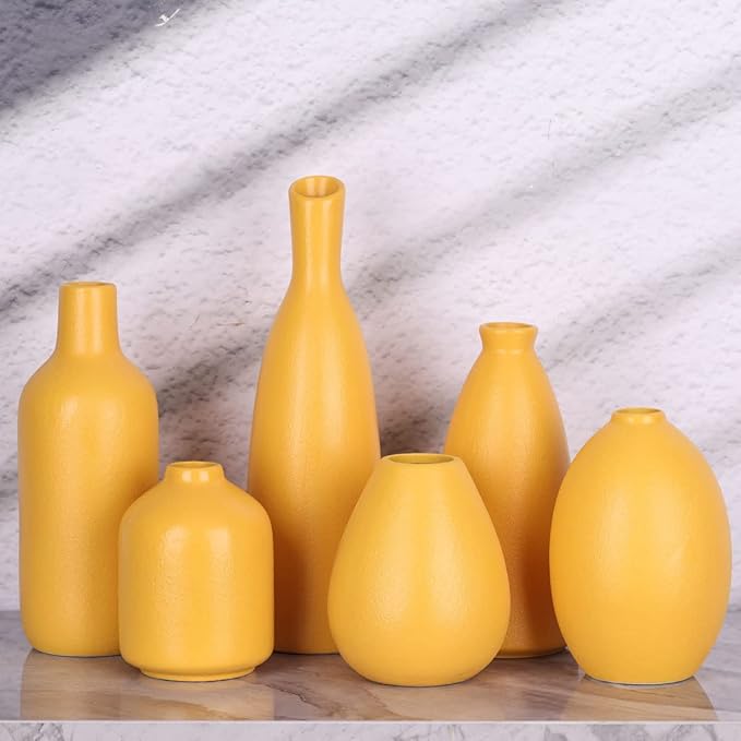 Yellow Ceramic Bud Vases Set of 6, Mini Vases for Farmhouse Mantel, Shelf & Fireplace, Home Accents for Living Room, Entryway, Bathroom, Kitchen, Office, Bulk Table Decor