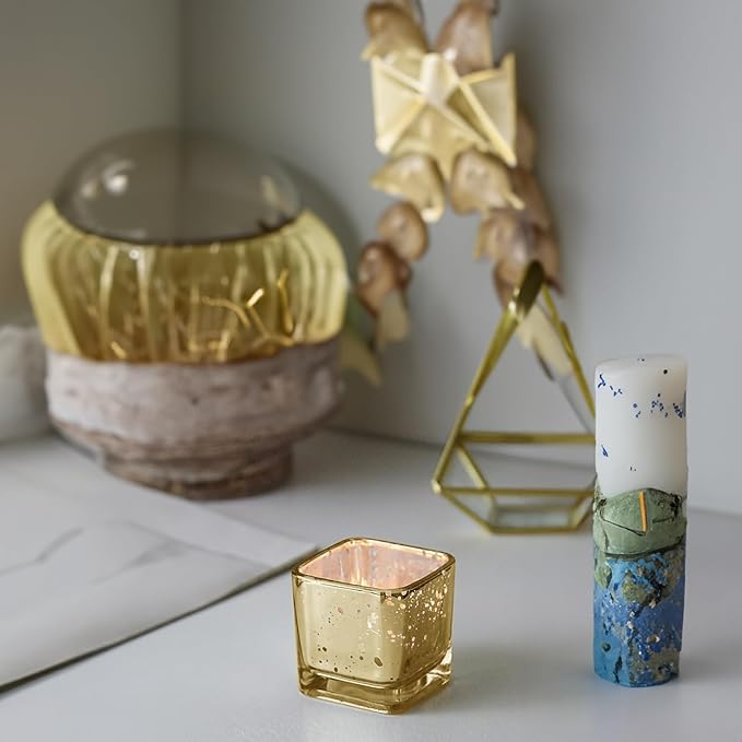 WGV 2 Inch Gold Speckle Square Cube Glass Votive Candle Holder Bulk, Small Tiny Mercury Tea Light 2x2”, 24 Pieces