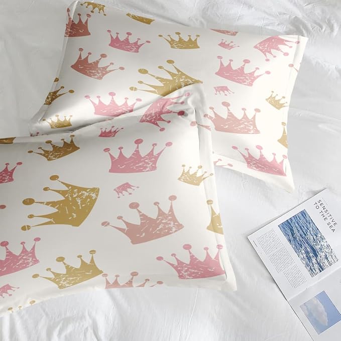 Comforter Set Full Size, Cute Kids Crown 7 Pcs Bedding for Kids and Adults, Pink Princess Girls Bed Sheet Sets with Fitted Sheet 2 Pillowcase & 2 Sham for Bedroom Bed Decor